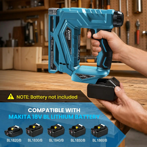 Makita 18V Compatible Cordless Brad Nailer And Stapler 2 In 1 for 18ga fasteners, held with battery pack nearby on workbench.