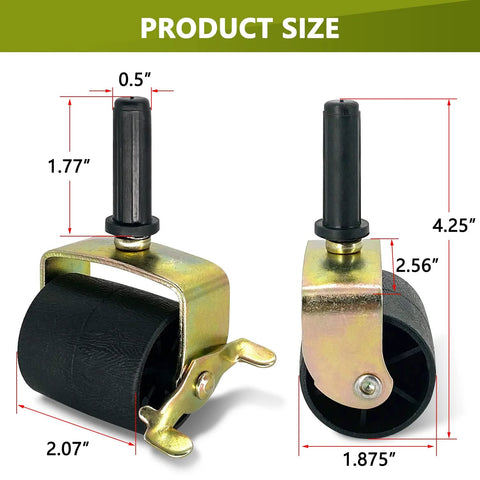 Front and side views of a heavy-duty locking metal caster with black wheel and gold housing for bed frames.