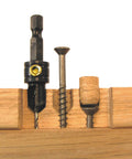 Combo Drill Countersink Bit For #8 #10 Screws 82 Degree Angle 1/8 Inch Twist Drill Point on wood, showing pilot hole and screws.
