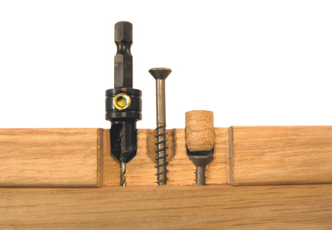 Combo Drill Countersink Bit For #8 #10 Screws 82 Degree Angle 1/8 Inch Twist Drill Point on wood, showing pilot hole and screws.