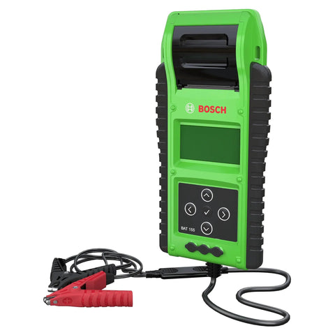 Pro Grade Heavy Duty Battery And Electrical System Tester For Commercial Vehicles With Dynamic Resistance Tech Delivers Fast Accurate 6V And 12V Battery Tests From 100 To 6000 Cold Cranking Amps, green Bosch BAT 155 with clamp leads