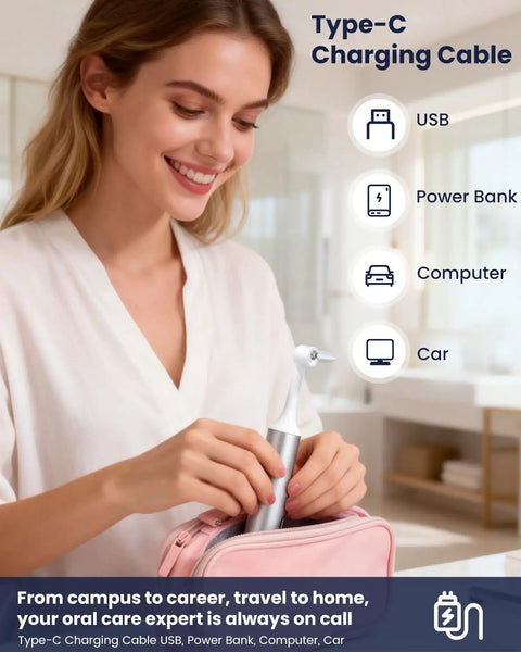 Person placing Rechargeable Tooth Polisher Kit with LED Light, 6 Brush Heads and 5 Polishes into pink travel bag
