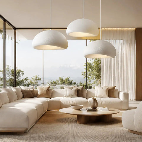 Bennyes Wabi Sabi Pendant Light 19.7 in White Modern Pendant Lights 3 Color Adjustable LED Bulb Include Japanese Ceiling Fixture in stylish living room.