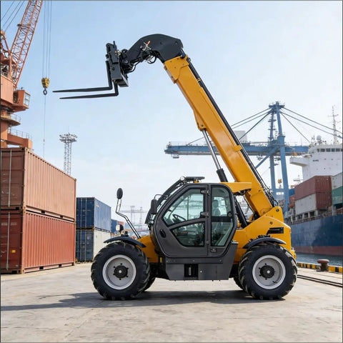 Heavy Duty Four Wheel Drive Telescopic Handler Forklift With Smart Cooling And Butter Smooth Transmission For Tough Industrial Jobs Auto Leveling Electro Hydraulic Telehandler Machine side view at a shipping yard.