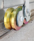 2 Sets Rock Solid 4 Inch V Groove Gate Roller Wheels Hardened Steel Double Ball Bearing 3000 lbs Capacity on concrete track.