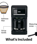 Quality Morning Coffee Made Easy With This Twelve Cup Programmable Drip Coffee Maker with gold tone filter and measuring scoop.