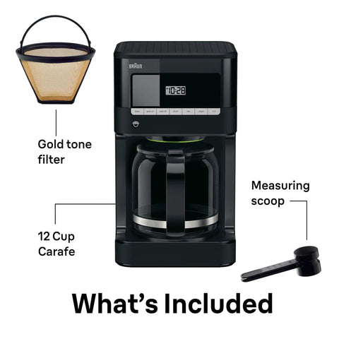 Quality Morning Coffee Made Easy With This Twelve Cup Programmable Drip Coffee Maker with gold tone filter and measuring scoop.