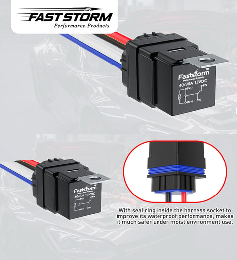 Five Pack Four Pin Forty And Thirty Amp 12V DC Waterproof Relays with Tinned Copper Wires Dual Relay SPDT for Fuel Pump and Fan