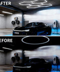LED Garage Hexagon Lights 24 Pack With 168W 16800LM 6500K Daylight Brightness installed in a garage for bright lighting contrast.