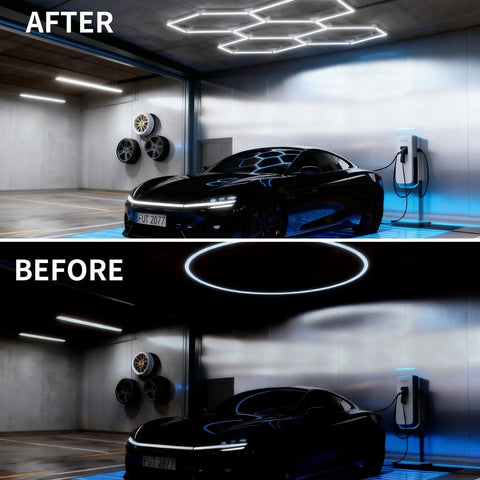 LED Garage Hexagon Lights 24 Pack With 168W 16800LM 6500K Daylight Brightness installed in a garage for bright lighting contrast.