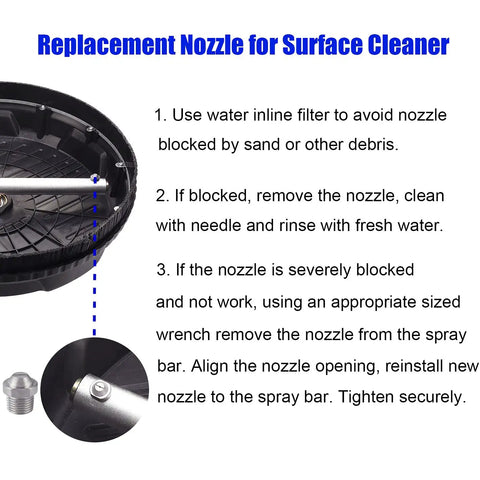 Instructions for Two Pack 25 Degree Pressure Washer Surface Cleaner Nozzles Replacement One Eighth Inch NPT Orifice 1.5 4000 PSI Stainless 304