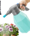 Hand holding Half Gallon Electric Spray Bottle Mister for Indoor and Outdoor Plants next to flowers with adjustable nozzle detail.