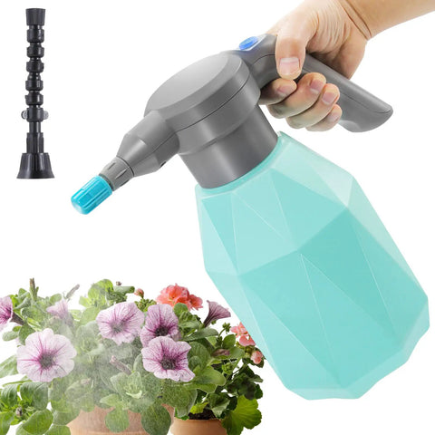 Hand holding Half Gallon Electric Spray Bottle Mister for Indoor and Outdoor Plants next to flowers with adjustable nozzle detail.