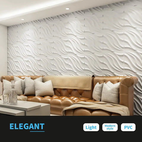 PVC 3D Wall Tile Flowing Wave White Paintable Panel Kit 19.7 By 19.7 Inches Pack Of 12 Covers 32 Sq Ft Waterproof Fire Resistant