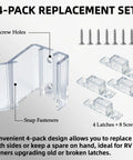 Universal Fit RV Sliding Mirrored Door Latch H527 Replacement For Camper Closet Doors showing 4-pack of transparent ABS latches and screws.