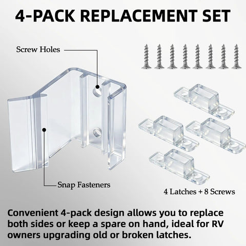 Universal Fit RV Sliding Mirrored Door Latch H527 Replacement For Camper Closet Doors showing 4-pack of transparent ABS latches and screws.