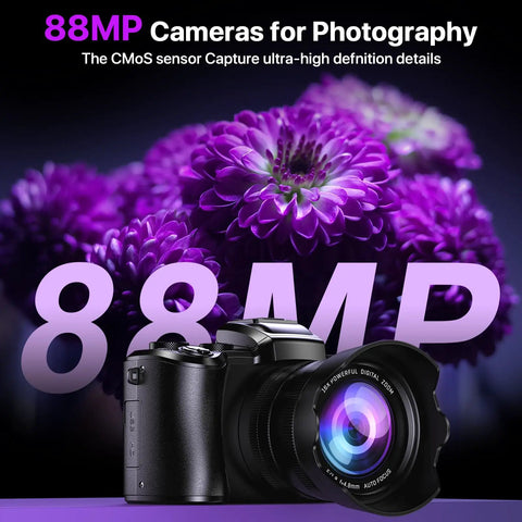 8K Ultra HD Vlogging Camera With WiFi, Autofocus And 88MP Still Photos, black camera in front of purple flowers