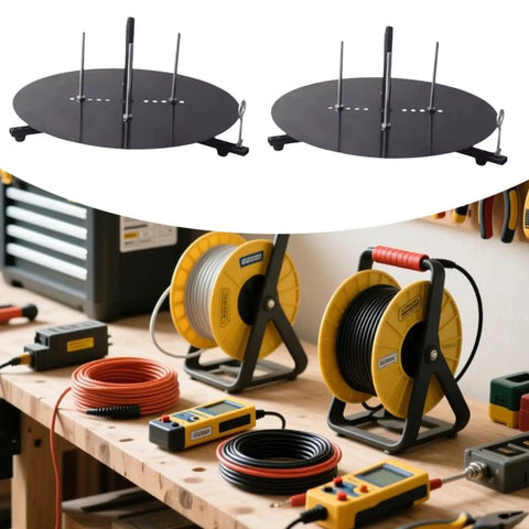 Straight Up Heavy Duty Wire Dispenser Rack And Portable Cable Management Tray Featuring Smooth Rotating Metal Build with spools on a workbench.