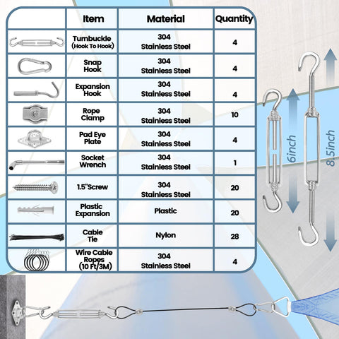 Image showing All In One 4 Pack 10 Foot Nylon Coated Stainless Steel Cable Wire Sun Shade Sail Hardware Kit with 79 Accessories list.