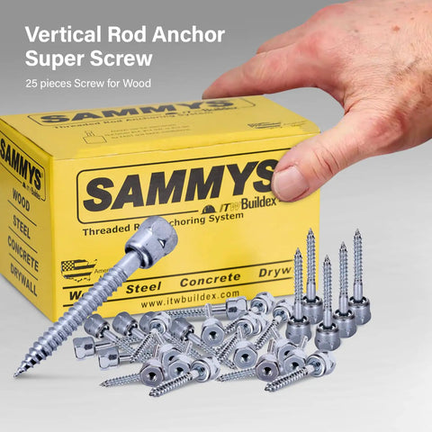 Vertical Rod Anchor Super Screw With Three Eighths Inch Threaded Rod Fitting For Wood One Quarter Inch By Two Inch Zinc Galvanized Steel Pack Of 25 Economical Quick Install Overhead Wood Hanger with box and screws displayed.