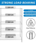 Heavy Duty 5 Shelf Chrome Wire Shelving Unit With 48 Inch Long Shelves, 18 Inch Wide, 72 Inch Tall, Adjustable Height, Easy Assembly, Includes Clips And Hooks, Perfect Garage, Pantry, Or Utility Room Storage System, 5 tiers, 250 lbs per shelf