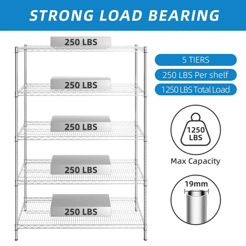 Heavy Duty 5 Shelf Chrome Wire Shelving Unit With 48 Inch Long Shelves, 18 Inch Wide, 72 Inch Tall, Adjustable Height, Easy Assembly, Includes Clips And Hooks, Perfect Garage, Pantry, Or Utility Room Storage System, 5 tiers, 250 lbs per shelf