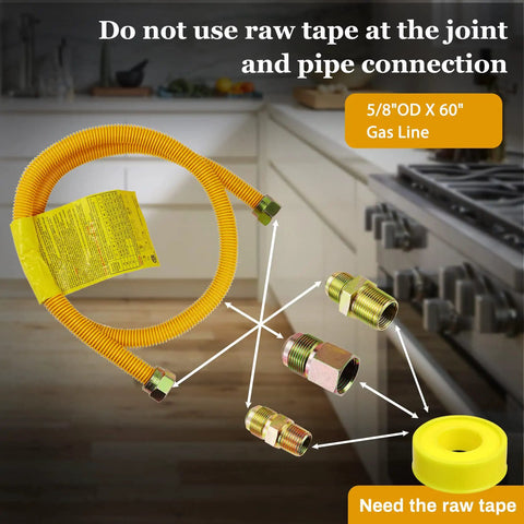 60 Inch Flexible Gas Line Kit For Dryer Stove Range With Stainless Steel Connector And 5/8 Inch OD, 1/2 Inch ID displayed with adapters