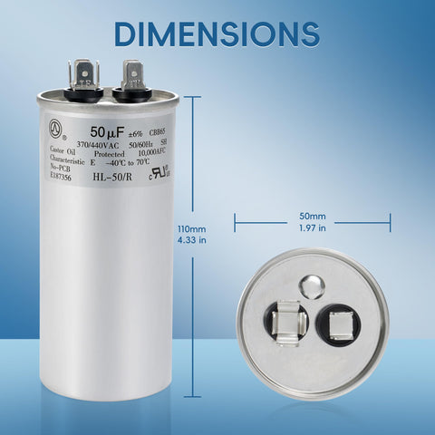 50uF 440V AC Round Start Capacitor For Heat Pumps And Air Conditioners, 370V Or 440V Compatible, CBB65 with dimensions