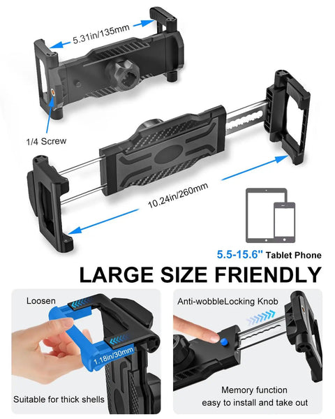 Tablet And Phone Tripod Mount Adapter With 1/4 Inch Thread And 17mm Ball Head, Fits 5.5 To 15.6 Inch Tablets And Phones, close-up.