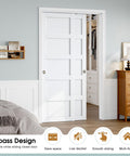 Sliding Closet Door 48x80 Inches, Five Panel Bypass Barn Doors With Concealed Hardware Track Kit Included, White Finish