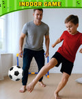 Father and son playing with Mini Soccer Goal Set With Three Balls And Pump For Kids, Portable Soccer Training Gear, indoor use