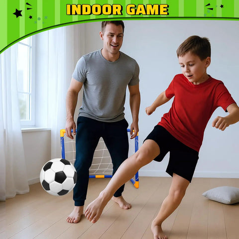 Father and son playing with Mini Soccer Goal Set With Three Balls And Pump For Kids, Portable Soccer Training Gear, indoor use