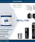 Pro Grade Gym Equipment Wipes Refill Pack Four Rolls Of Eight Hundred Pre Moistened Cleaning Wet Wipes For Upwards And Downwards Dispensers with wipe canisters and dispensers visible