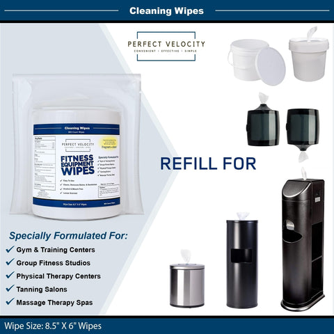 Pro Grade Gym Equipment Wipes Refill Pack Four Rolls Of Eight Hundred Pre Moistened Cleaning Wet Wipes For Upwards And Downwards Dispensers with wipe canisters and dispensers visible