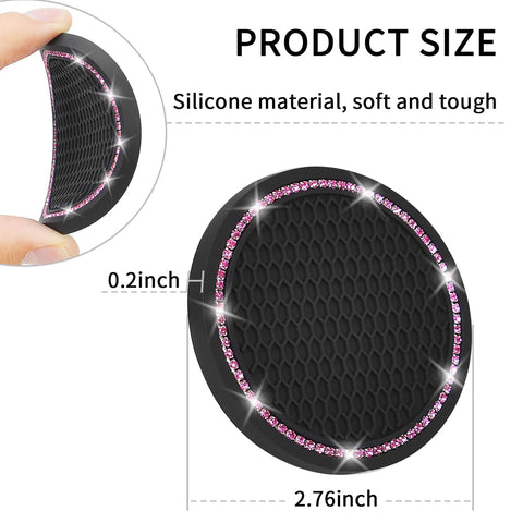 Four Pack Car Coasters With Crystal Rhinestones Universal 2.75 Inch Silicone Cup Holder Coasters shown with dimensions