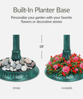 Solar Outdoor Bird Bath With Resin Pedestal Fountain In Green Yard Garden Decor 0.8 Gallon Basin Planter Base Feeder And Fillable Stand Weather Resistant Lantern Light For Nighttime Easy Setup For Bird Lovers showing base with stones or flowers