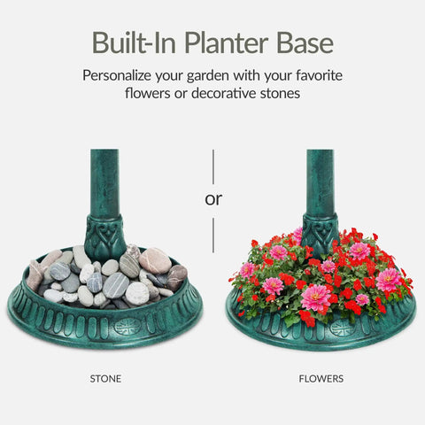 Solar Outdoor Bird Bath With Resin Pedestal Fountain In Green Yard Garden Decor 0.8 Gallon Basin Planter Base Feeder And Fillable Stand Weather Resistant Lantern Light For Nighttime Easy Setup For Bird Lovers showing base with stones or flowers