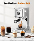 No Hassle One Touch Espresso Maker For Latte Americano Iced Coffee Silver Chassis brewing espresso with various coffee drinks.