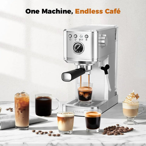 No Hassle One Touch Espresso Maker For Latte Americano Iced Coffee Silver Chassis brewing espresso with various coffee drinks.