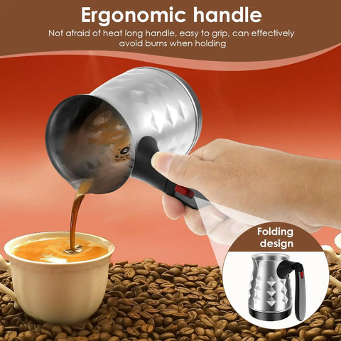 Electric Turkish Coffee Maker With Folding Handle 500ml Stainless Steel Pot being used to pour coffee into a cup on table.