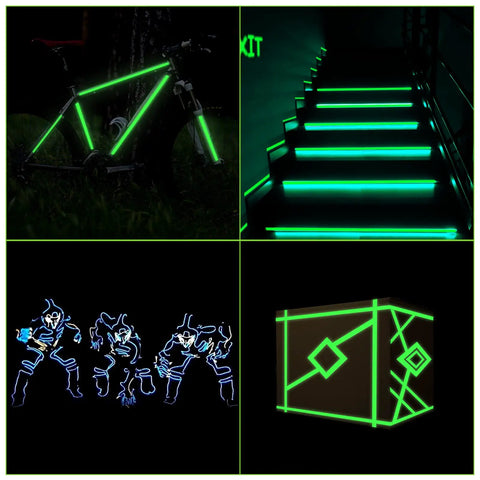Six Pack Glow In The Dark Tape 198 Ft Total Green Luminous Neon Waterproof Tape For Outdoors And Indoors Home Decor Marking Crafts And Safety Signage Rechargeable Fluorescent used on bike, stairs, costumes, and box.