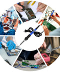 60W Pro Grade Soldering Gun Kit With 9 In 1 System in use for electronics repair, shows blue soldering gun and multiple examples of soldering.