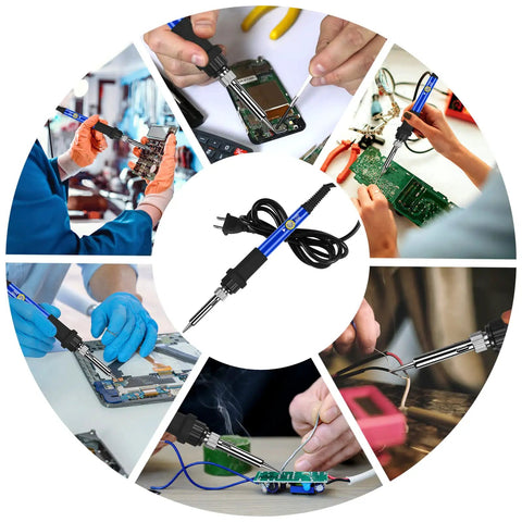 60W Pro Grade Soldering Gun Kit With 9 In 1 System in use for electronics repair, shows blue soldering gun and multiple examples of soldering.