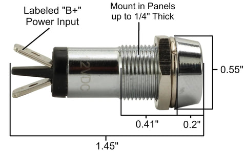 12V Red LED Automotive Indicator Light Kit With Terminals 2 Pack Panel Mount side view with dimensions and chrome housing