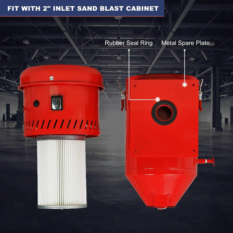 Rugged 1.6 HP Dust Collector With 1.8 Gallon Bucket Packs Killer Suction For Sandblasting Cabinets And Media Blasters showing details like rubber seal and metal spare plate.
