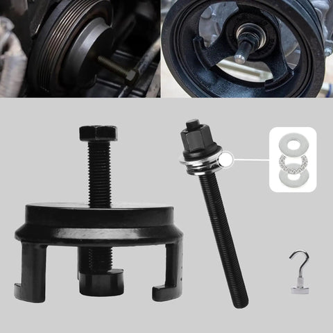Crank Pulley Puller And Harmonic Balancer Kit For GM LS LT V8 Engines, showing components and tool setup.