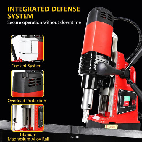 1300W Portable Magnetic Drill Press For Steel Beams And Metalworking Projects With 2 Inch Boring Capacity 810 Rpm Variable Speed And Ten Speed Settings Includes Quick Change Chuck And Eighteen Piece Bit Set showing integrated defense system components.