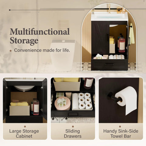 24 Inch Bathroom Vanity With Sink In Pure Black features large storage cabinet and sliding drawers for organized bathroom essentials.