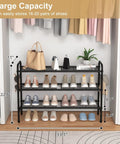 3 Tier Metal Shoe Rack Organizer 33 Inch Wide Built To Last Space Saving Shoe Storage With Four Side Hooks in closet