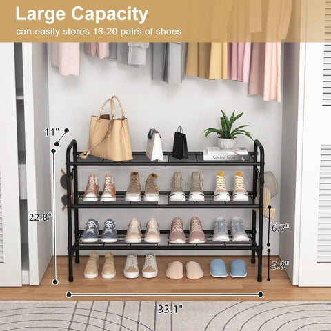 3 Tier Metal Shoe Rack Organizer 33 Inch Wide Built To Last Space Saving Shoe Storage With Four Side Hooks in closet